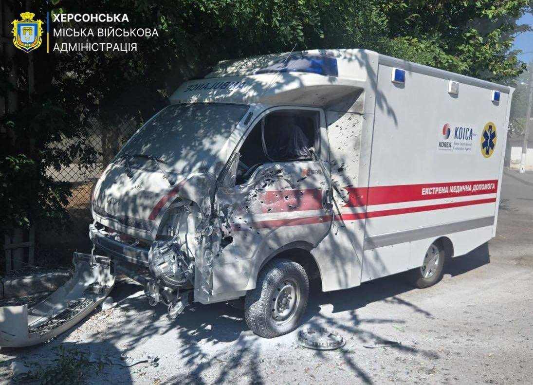 Damaged emergency medical vehicle at a Kherson hospital after a Russian drone attack, September 18, 2026