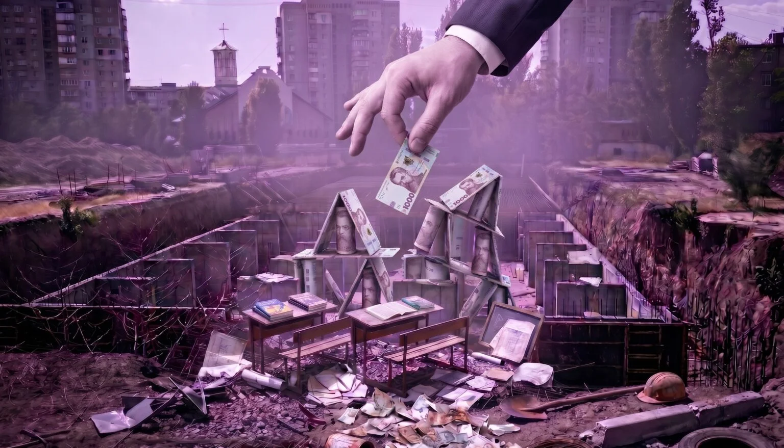 “They’ll squander the money. They’ll steal everything. They won’t build anything, as always.” Рука кладе гривні на макет школи серед руїн